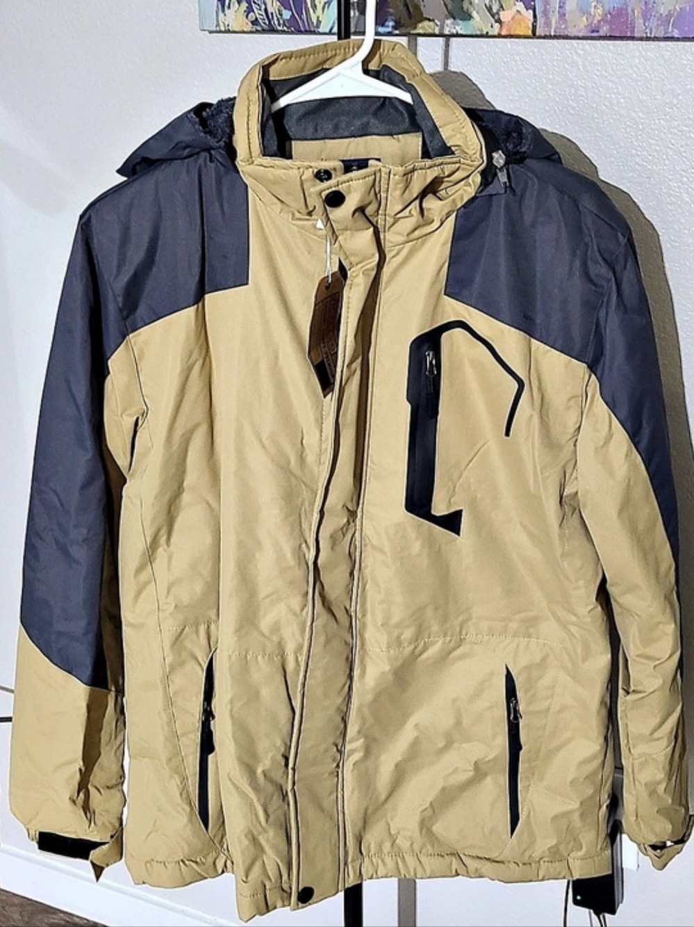 NWT Velvetad Men's Winter Ski Jacket Fleece Lined Hooded Coat Khaki Navy S